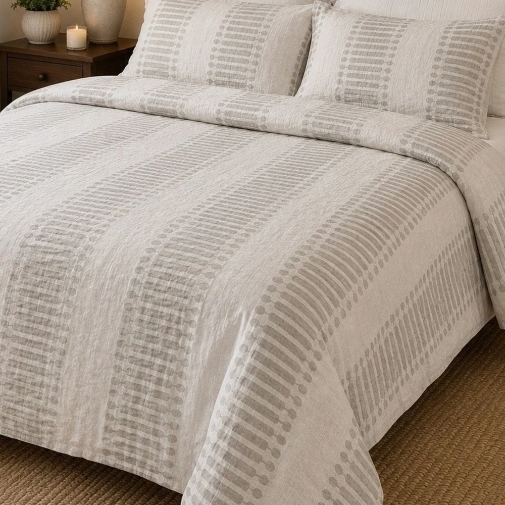 West Elm European Flax Linen Full Queen Duvet Cover White Gray Abstract Stripe